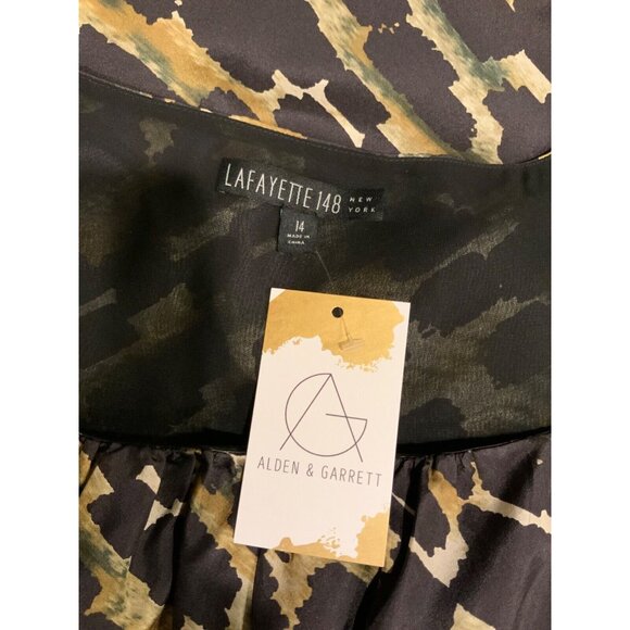 Lafayette 148 Black & Green Brushstroke Print, 100% Silk Sleeveless Top, Size 14 - Picture 7 of 7